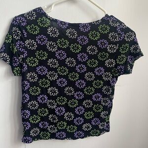 Floral Print Short Sleeve Top - Black with Purple & Green